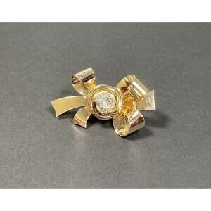 Vintage Coro Flower and Bow Brooch Gold Tone Clear Crystal Center Signed